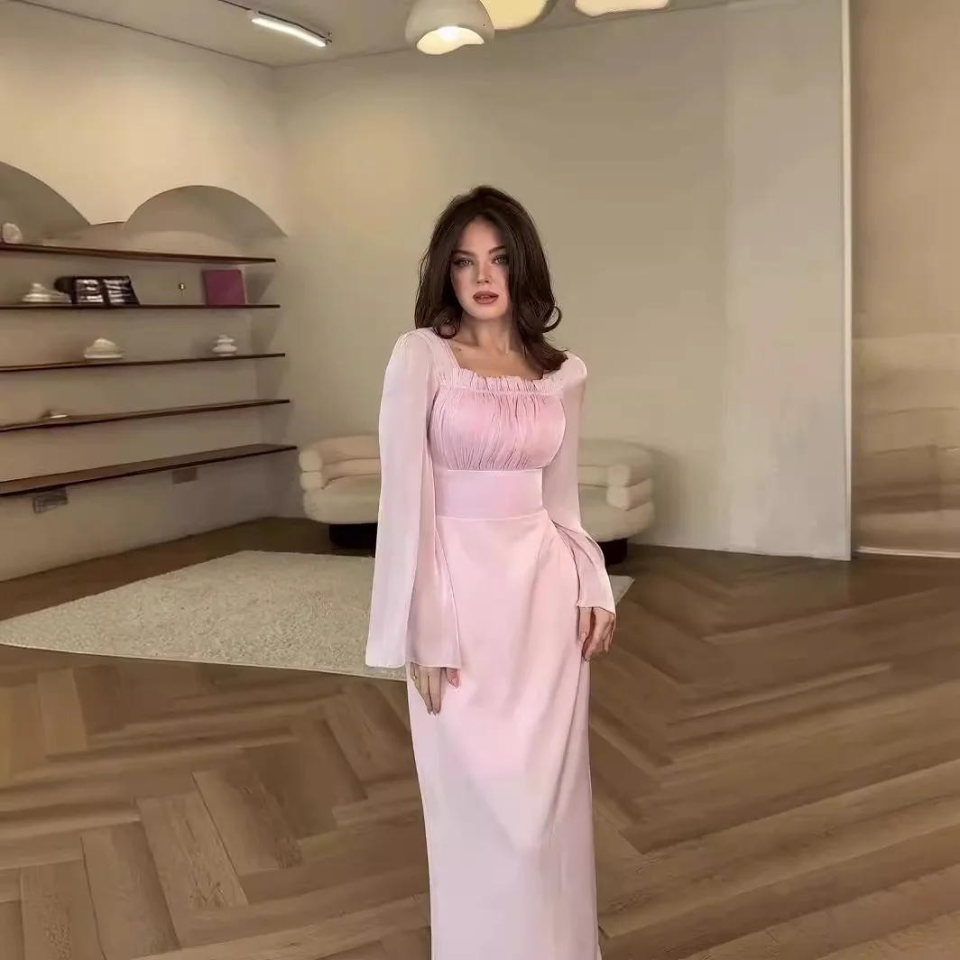 Women Elegant Sexy Bodycon Prom Dress Pleated Flared Sleeve French Vintage Strap Robe Korean Female Formal Evening Dress