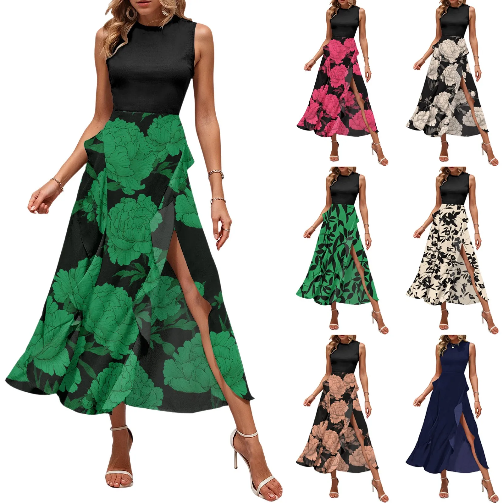 High Waist Color Blocking Elegant Sleeveless Summer Dress for Female Crewneck Boho Floral Ruffle Irregular Midi Long Dress