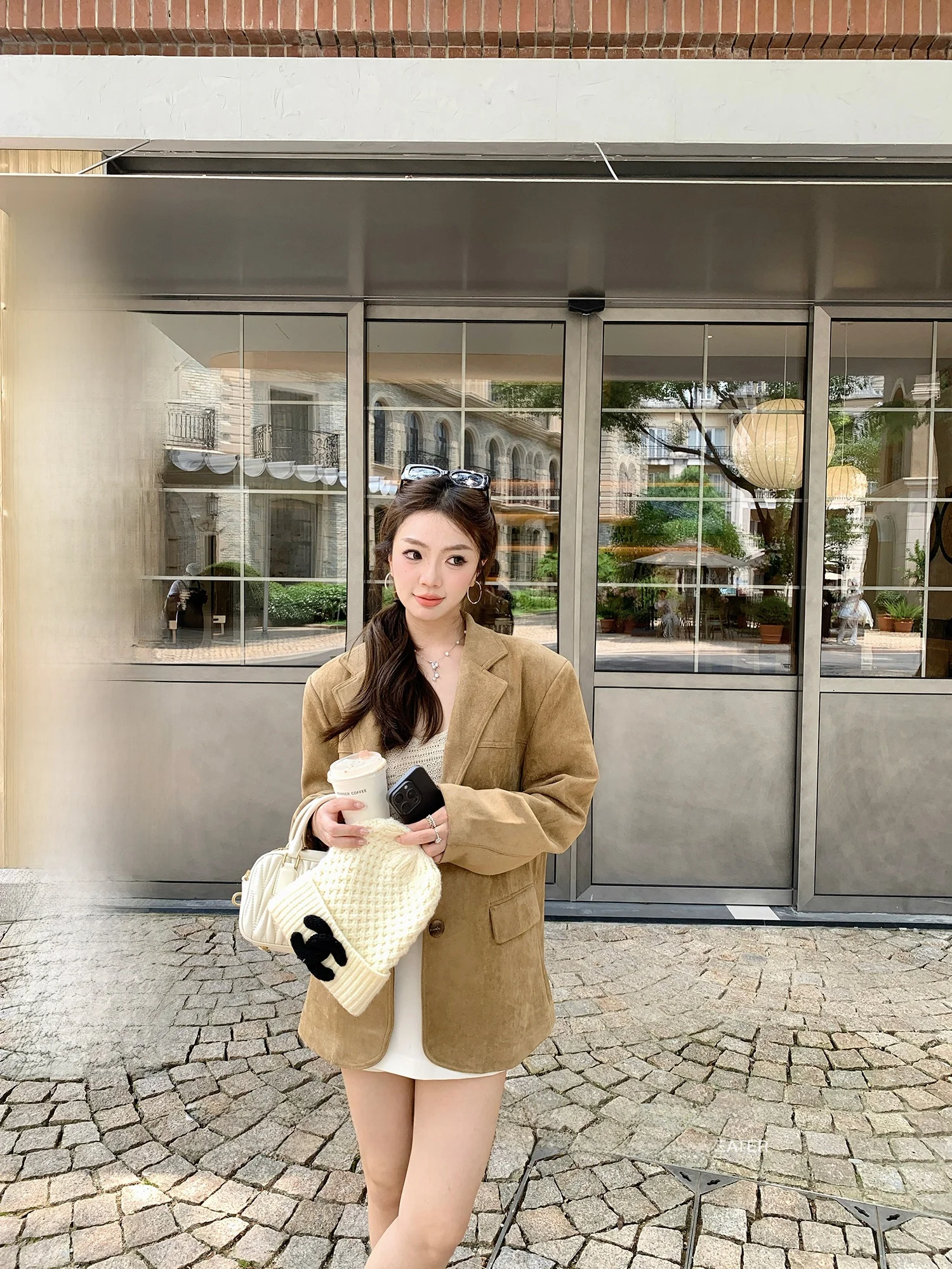 

High-End Suede oulder Padded Suit Jaet for Women Paris Commune Sle Commute Wind Long Sve Stand Fit Pure Color