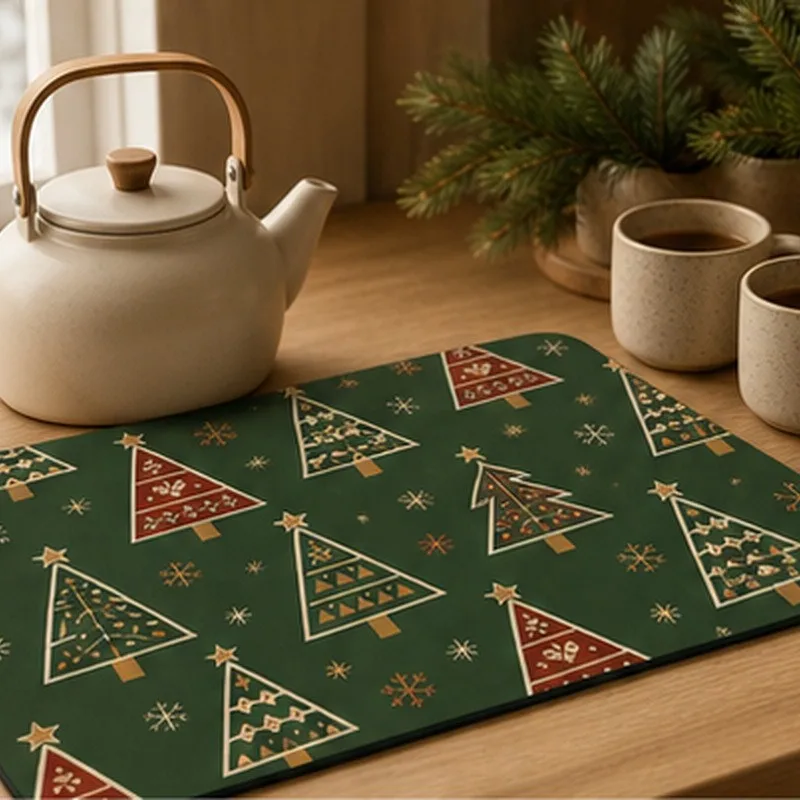 VIKAMA Diatomite Drying Mat, Super Absorbent Quick Dry Non-Slip Kitchen Counter Gingerbread Man Christmas Tree Plaid