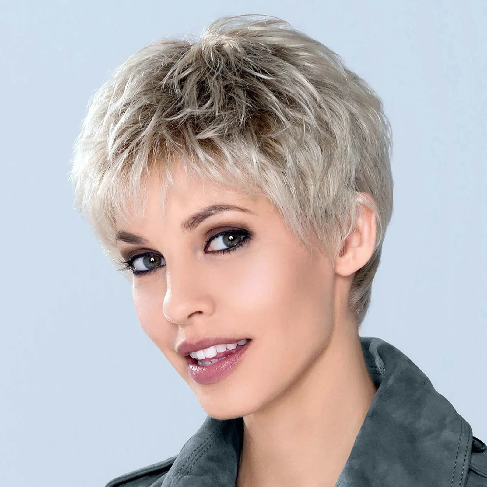 New Arrival Pixie Cut Hairstyle Cute & Soft Mommy Wig Short Blonde & Grey Ombre Synthetic Hair for Women