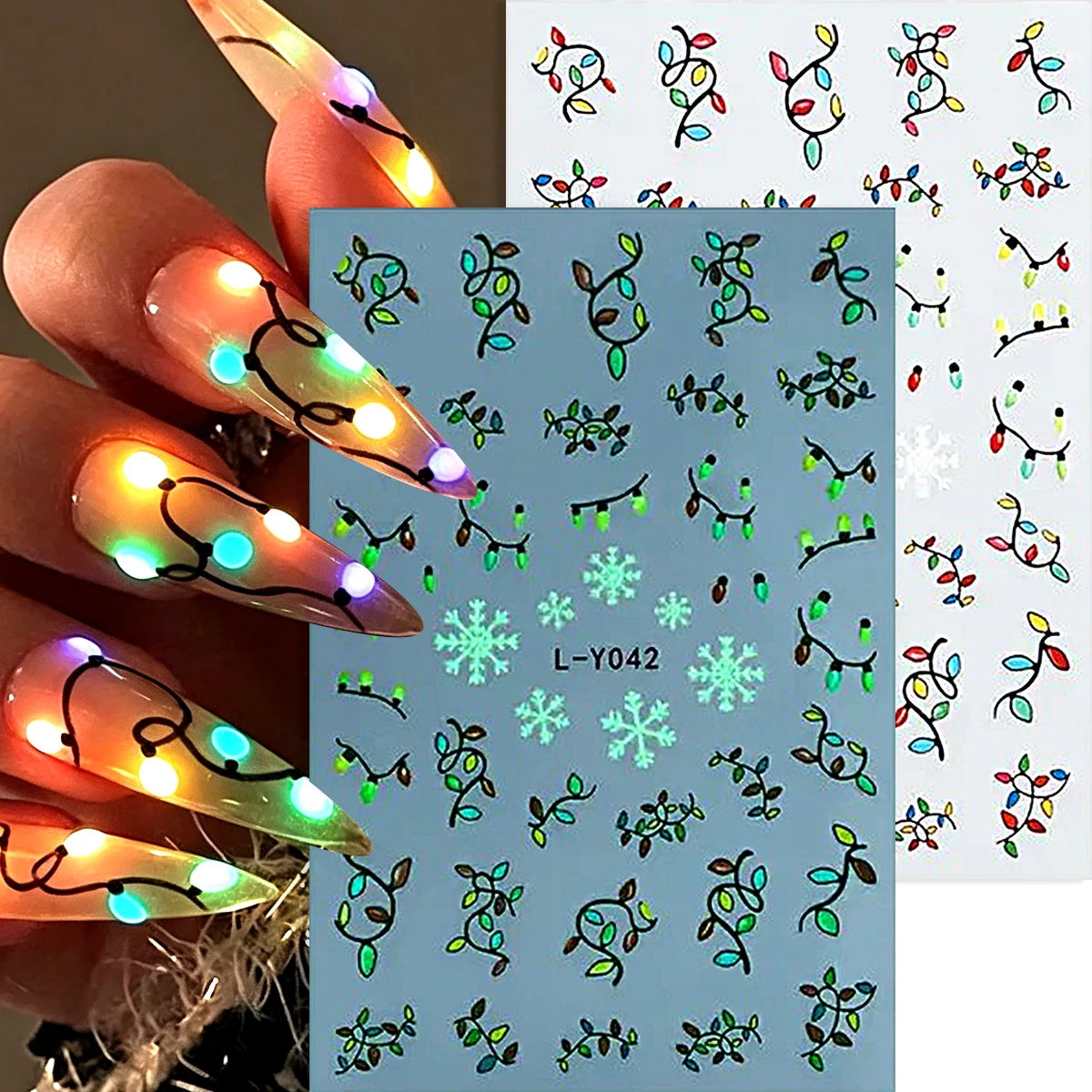 Luminous Christmas Nail Art Stickers, Glowing Christmas Lights Snowflakes Christmas Tree Santa Claus Leaves Design