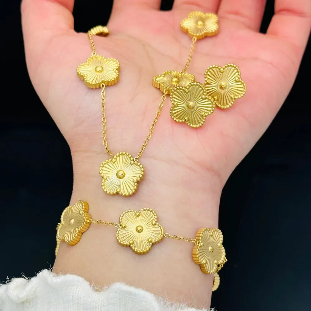 New Luxury Gold Color Stainless Steel Five-leaved Flower Necklace for Women Charm Collar Chain Earring Bracelet Jewelry Set Gift