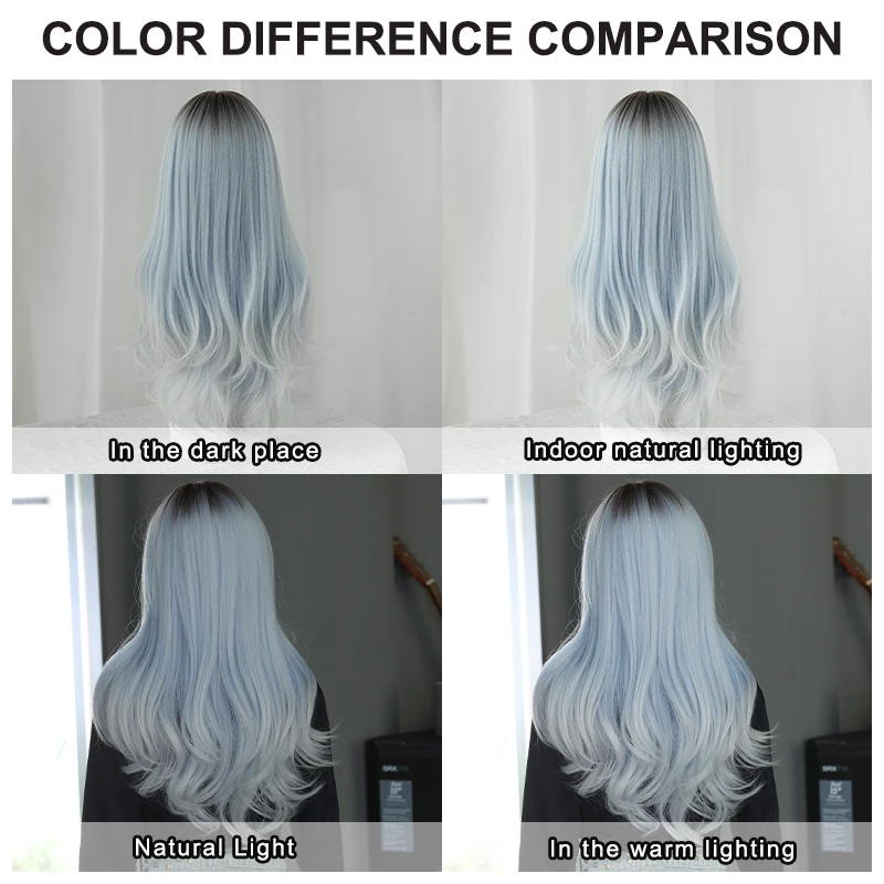 7JHH WIGS Lolita Wig Synthetic Body Wavy Ice Blue Wigs with Dark Roots High Density Curly Ombre Wig for Women Beginner Friendly