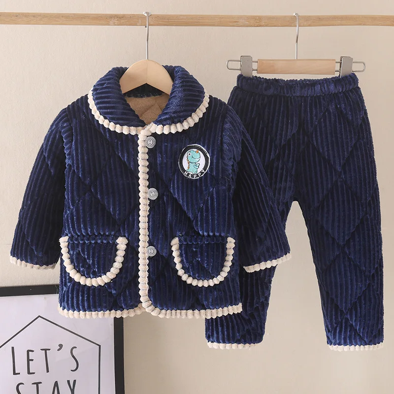 

Kids Winter Cotton-Padded Thicken Warm Soft Flannel Pajamas Sets Cartoon Dinosaur Lapel Sleepwear Boys Girls Casual Pyjamas