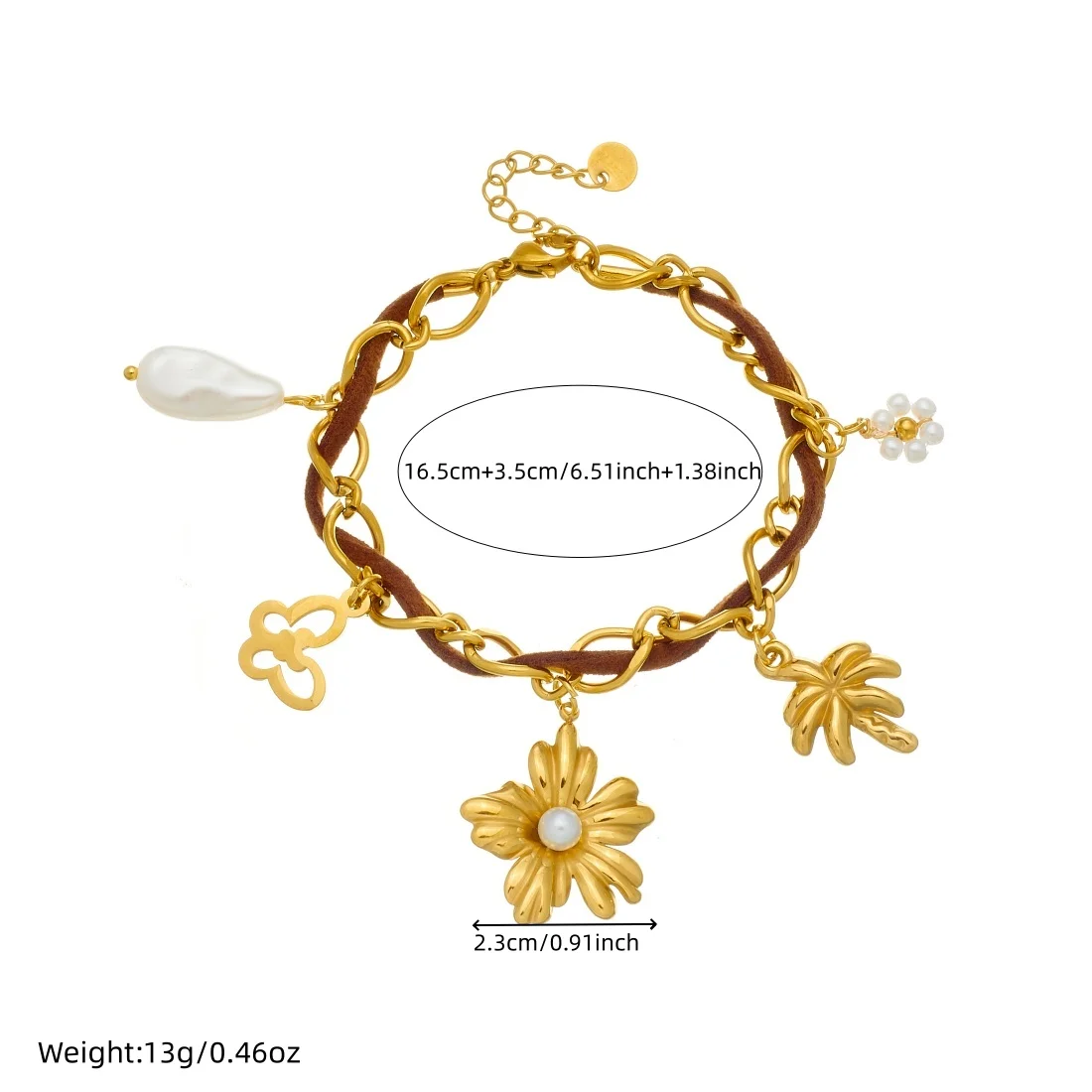 Stainless Steel Golden Flower Inlay Pearl Butterfly Tree Pearl Pendant Bracelet Lady Classic Wrist Chain Jewelry