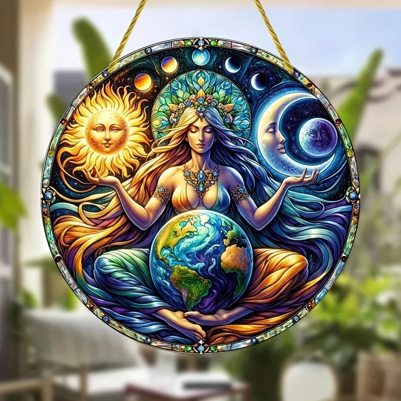 Sun and Moon God, Yin and Yang Aesthetic Art, Sun Catcher, Sunshade, Stained Window Hanging,acrylic Creative Round Wreath Sign