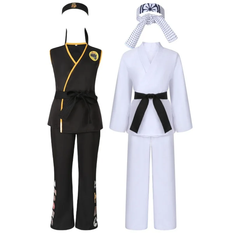 

The Karate Kids Cosplay Costume KOF Cobra Kai Taekwondo Black White Kimono Uniform Headband Halloween Party Suit Tracksuit