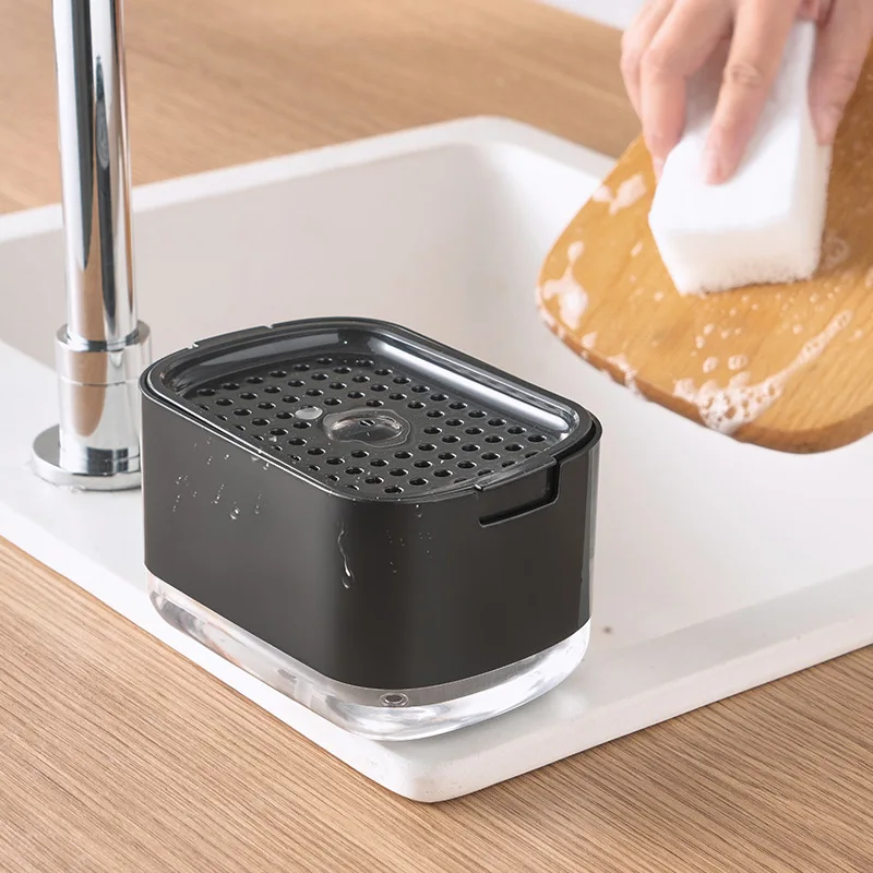 Soap Dispenser Box Press Dispenser Scrubbing Liquid Container Kitchen Bathroom Automatic Detergent Foam Box with Sponge Holder