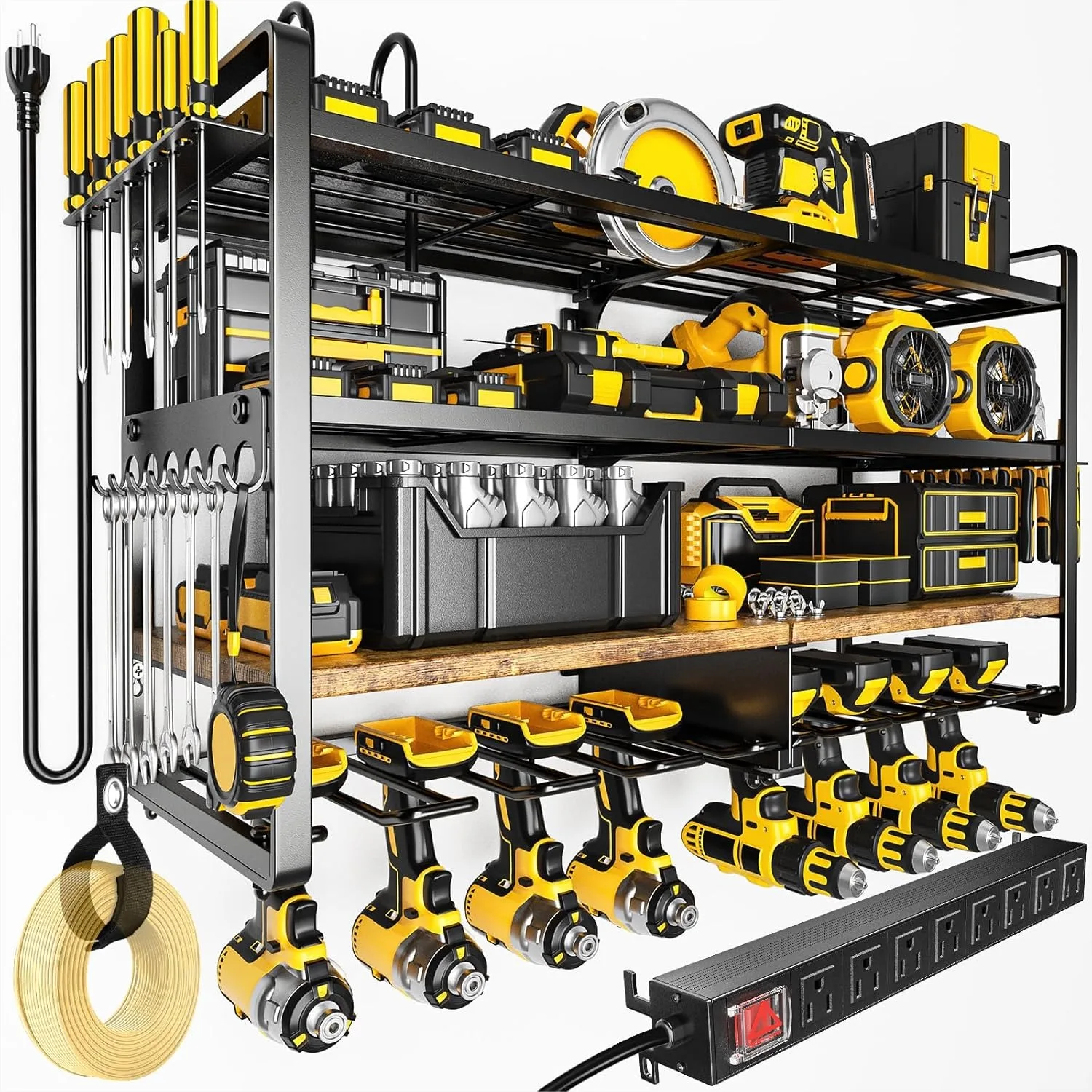 

Large Power Tool Organizer Wall Mount with 8-Outlet Charging Station, 600lbs Capacity Garage Storage Rack for Cordless Drills