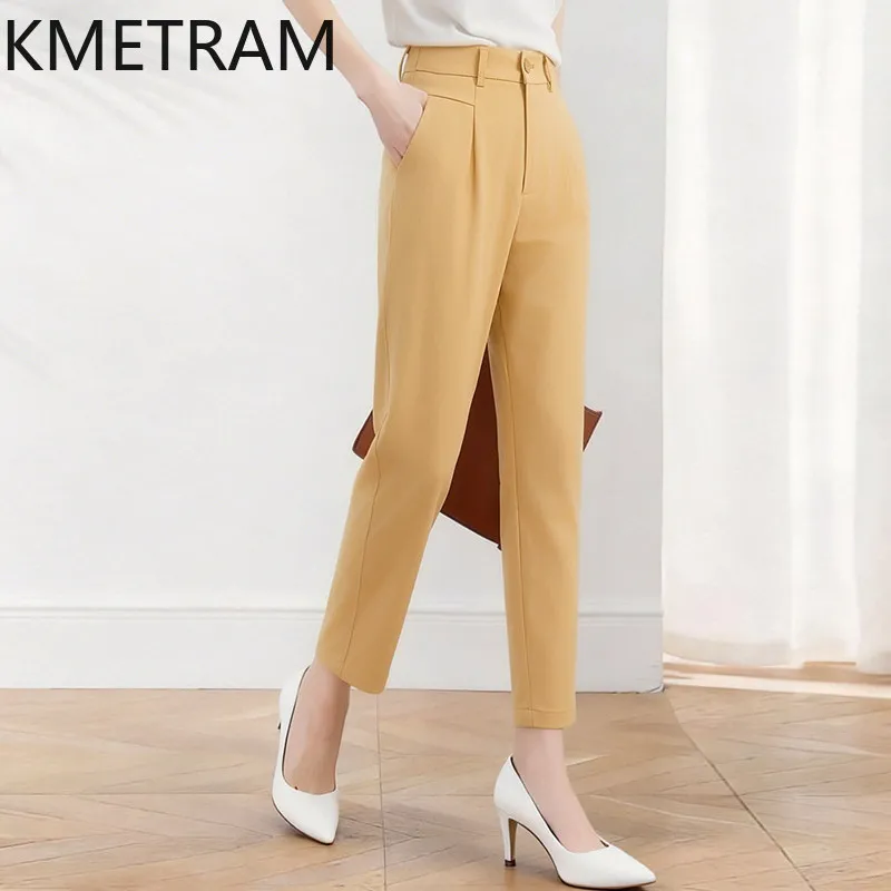 KMETRAM 100% Acetate Straight Suit Pants for Woman Elegant Office Trousers Summer Casual Pants 2026 New Women Clothing pantalone