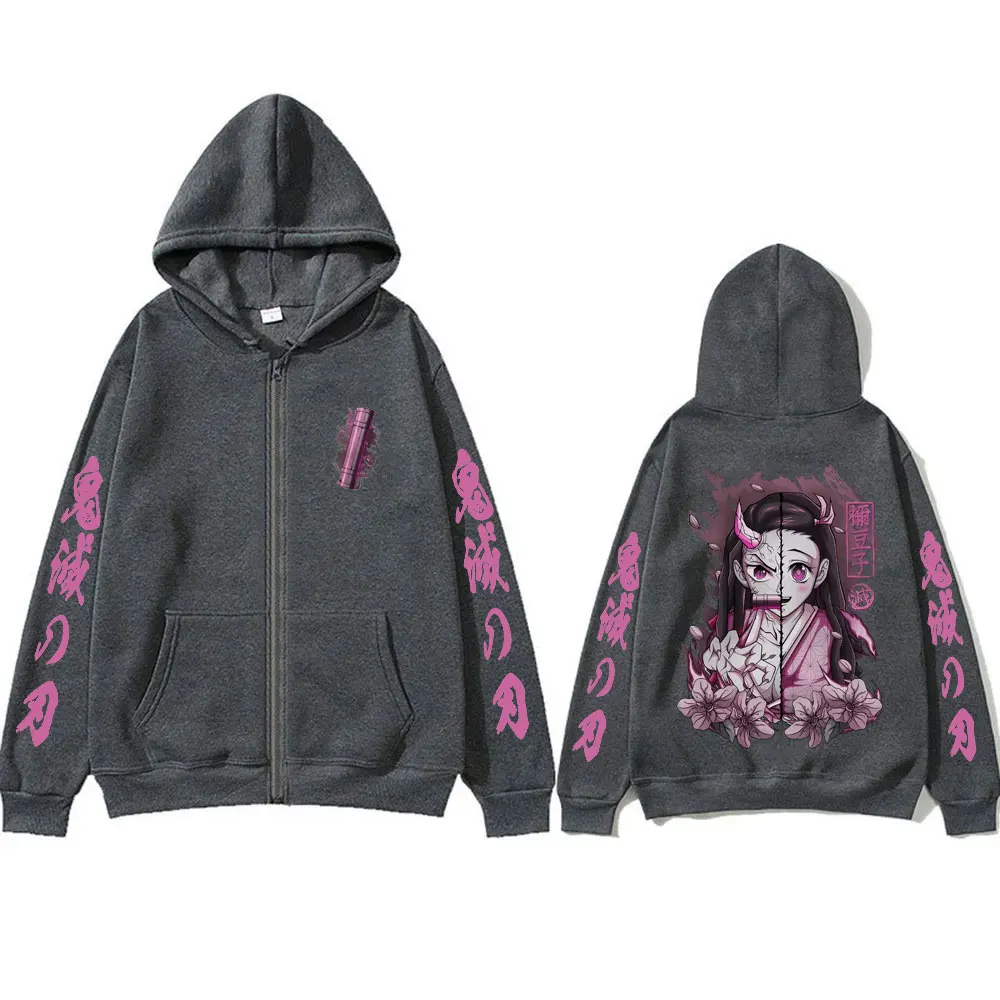 Anime Demon Slayer Kamado Nezuko Merch Zipper Hoodie Men Women Casual Oversized Zip Up Jacket Cartoon Manga Cosplay Streetwear