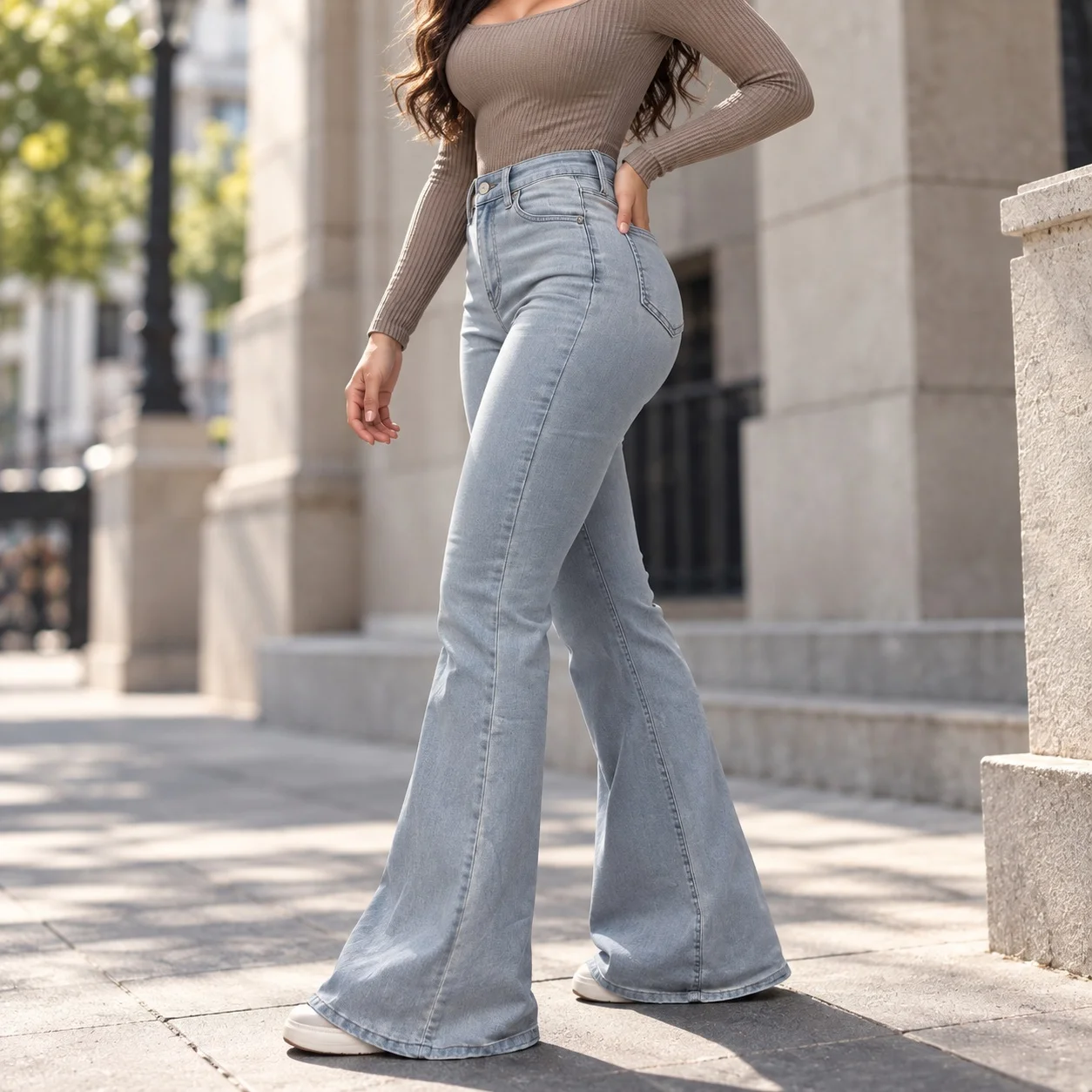 Flared High Waist Pants Streetwear with Flared Jeans Regular Thickness Long Length Edgy Street Medium Stretch Distressed Women