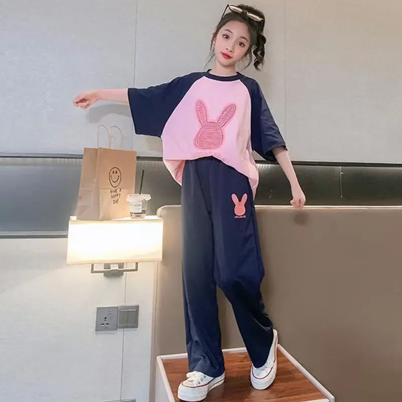 2024 summer Children set Clothes Girls tracksuit casual loose patchwork bunny t-shirt + sport pants Kid Teenager 5 10 11 12 year