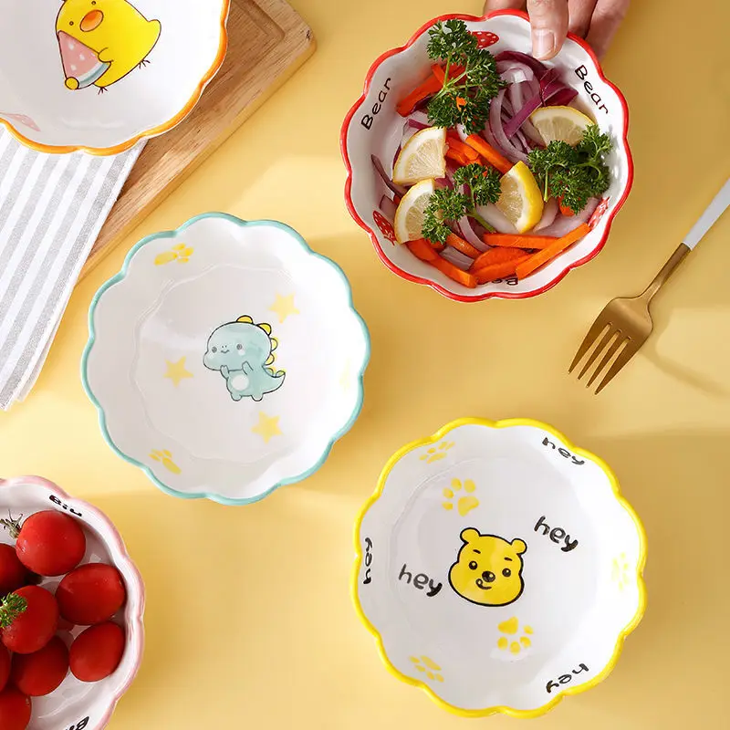 Household Creative Ceramic Bowl Japanese Cherry Blossom Edge Hand-painted Cute Girl Fruit Salad Bowl Net Red Instant Noodles Bow