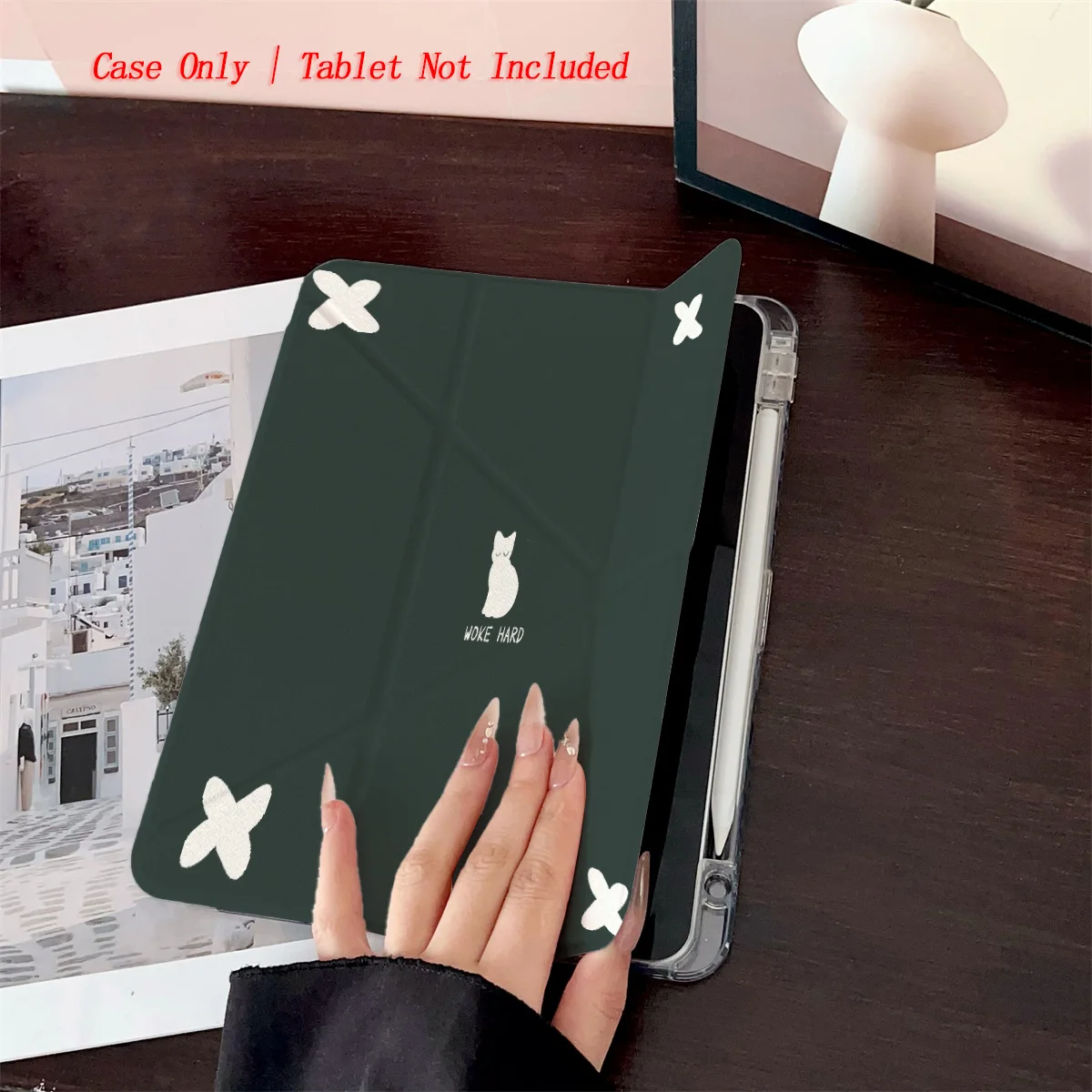 Elegant Y-Fold Acrylic Dark Green & White Kittens iPad Case For Apple iPad Pro 11/12.9 Air 3/4/5 Mini 5/6 8th-10th Gen Cover