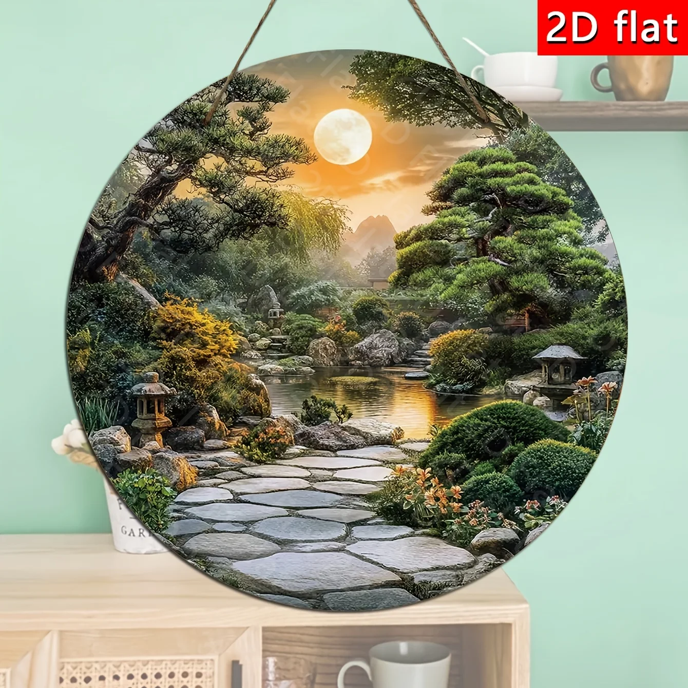 2D Vintage Metal Tin Sign, Round Zen Garden Sunset Wood Art Wall Decor, Retro Sand Landscape Plaque for Home, Garden, Office, Pa