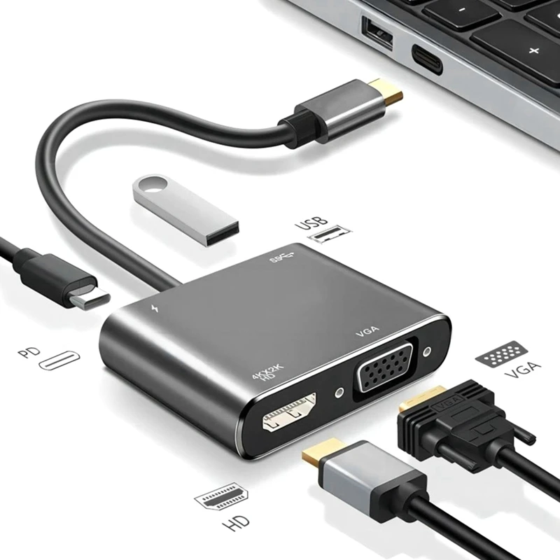 USB C Hub 4-In-1 Docking Station With 5Gbps USB 3.0, 4K HD, VGA, 87W PD Charging For , Laptops, & More