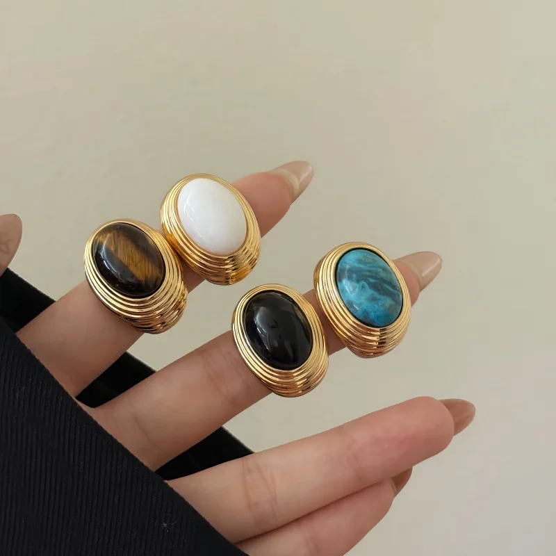 

vintage open ring for women gold color metal jewelry niche design nature stone ring large wide oval shape