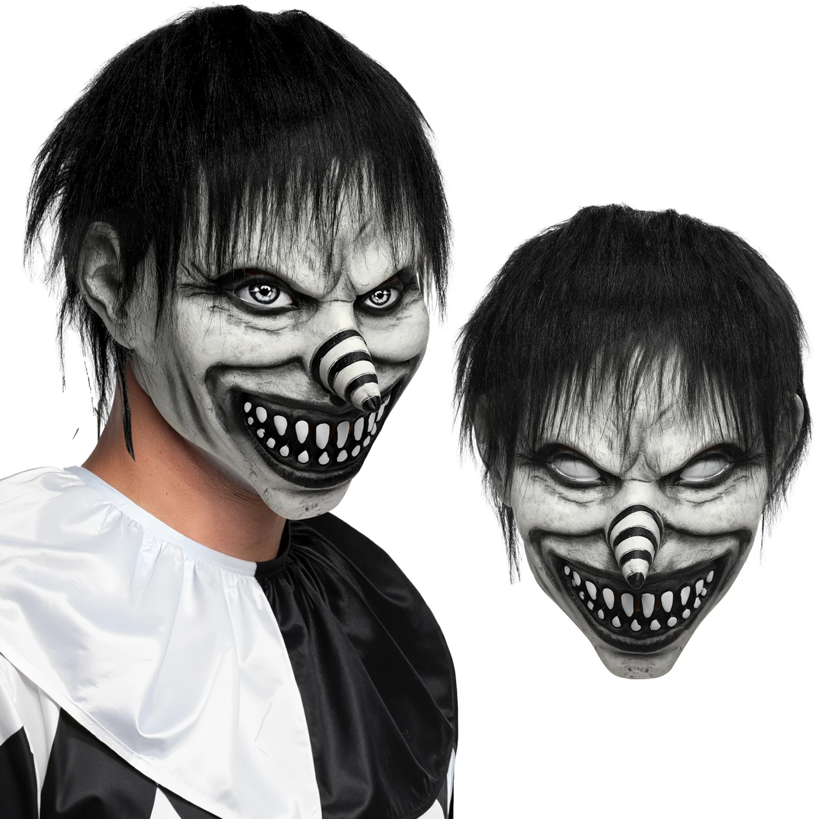 

Scary Demon Clown Mask Evil Clown Mask Creepy Black Haired Clown Spiral Nose Mask Halloween Adult Latex Costume Cosplay Props