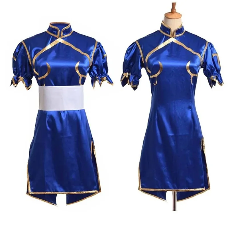 

Games Chun Li Cosplay Costumes Sutorito Faita Blue Cheongsam Dress Belt Headgear for Women Girls Clothes Halloween Party uniform