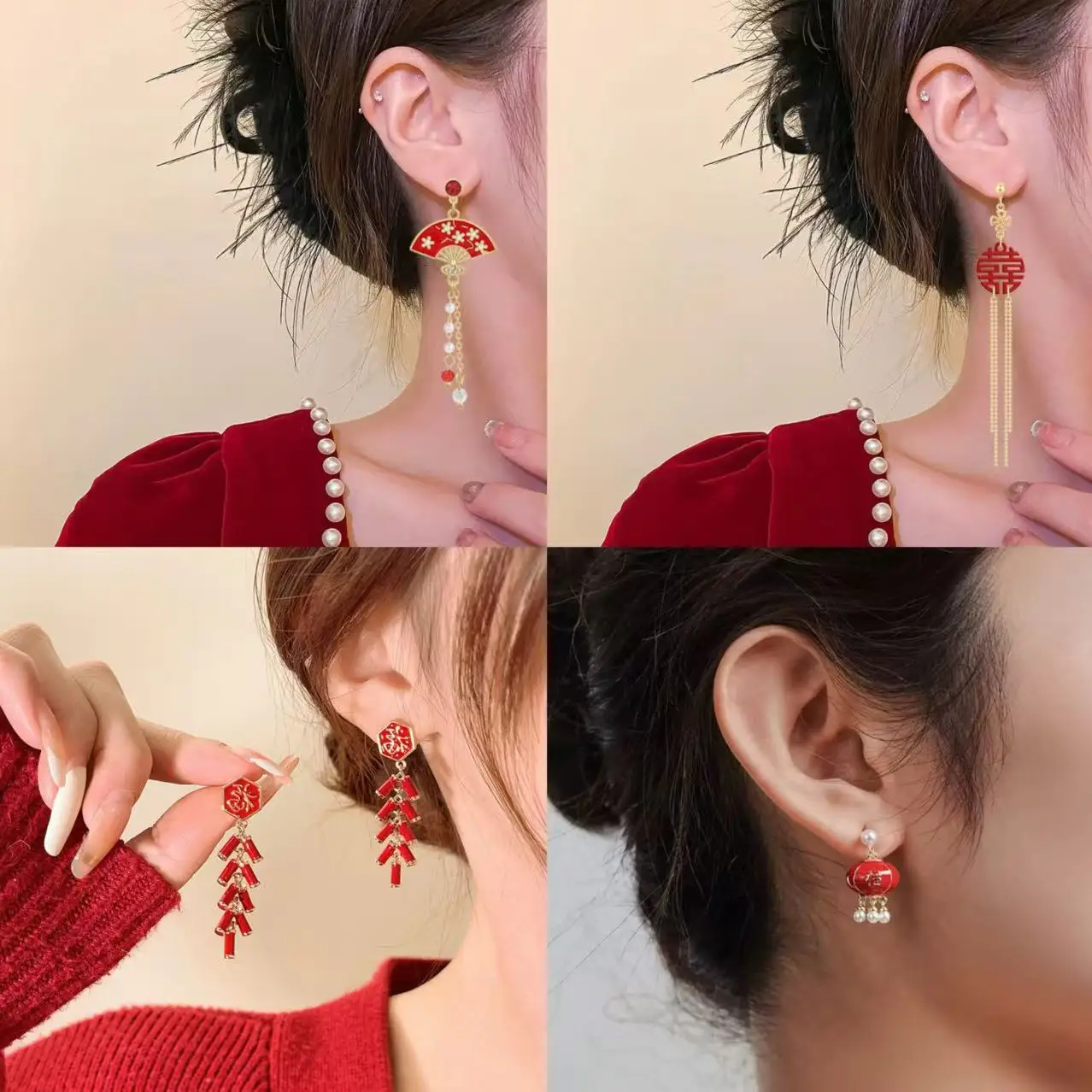 Fashion Chinese Style Earrings for Women Red Color New Year Wedding Rhinestone Luxury Jewelry Spring Festival Ear Hook Gift 2025