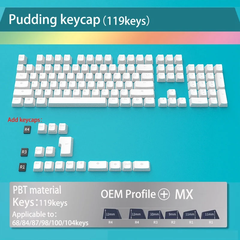 Pudim Keycap para teclado mecânico, OEM PBT Key Cap, Retroiluminado para perfil MX, Keycaps para GMK87, GMK81, GMK67, K617, M87, 129 chaves