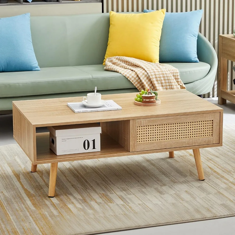 

Mid Century Modern Coffee Table with Storage, Rectangle Wooden Accent Center Tables with Sliding PE Rattan Woven Door Panel