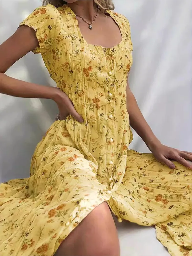 Summer New Single-breasted Floral Short Sleeved Women\'s Dresses Fashion Slim Elegant Female Casual Beach Swing Dresses 2024