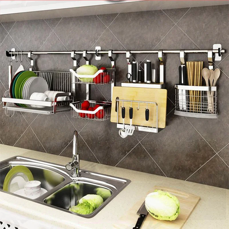 Kitchen Wall Shelf Stainless Steel Rod Hook No Punching Knife Holder Drain Bowl Holder Oblique Seasoning Rack Pendant