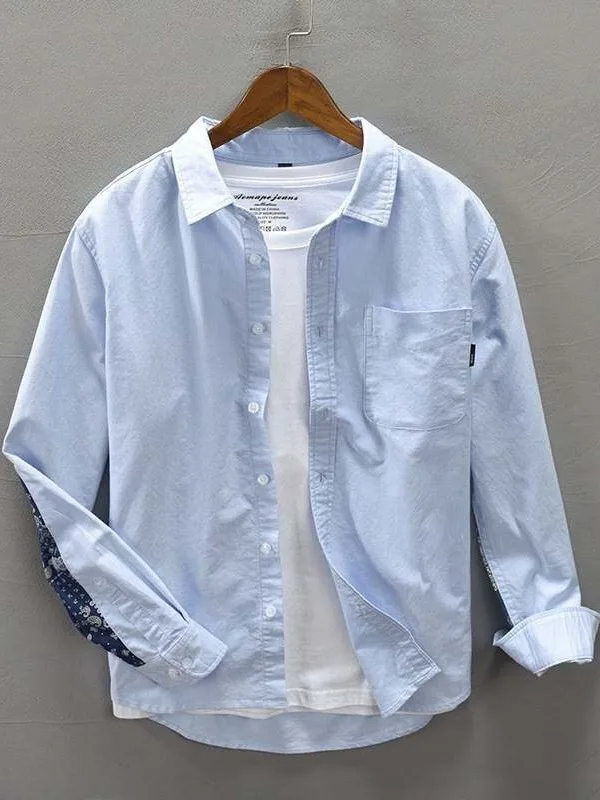 Retro Style Patchwork Long Sleeve Men's Shirt Casual Comfortable Standard Fit Polyester Fiber Spring Autumn Wear for Youth