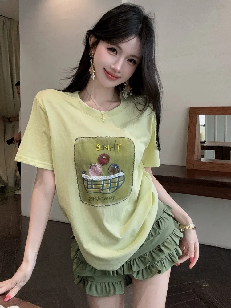 

Fashionable Handmade Beaded Heavy Embellished round Neck Short Sleeve Women's T-Shirt with Cake Skirt Pants Summer Two-Piece Set