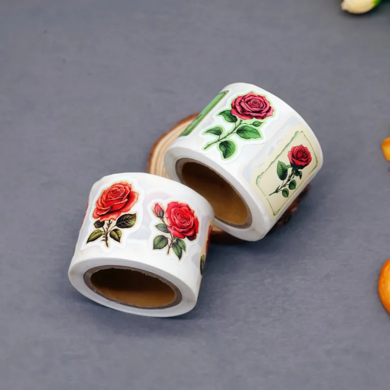 250 Pieces/Rroll Retro Red Rose Flower Pattern Decoration Roll Stickers Laptop Envelope Sealing Stickers
