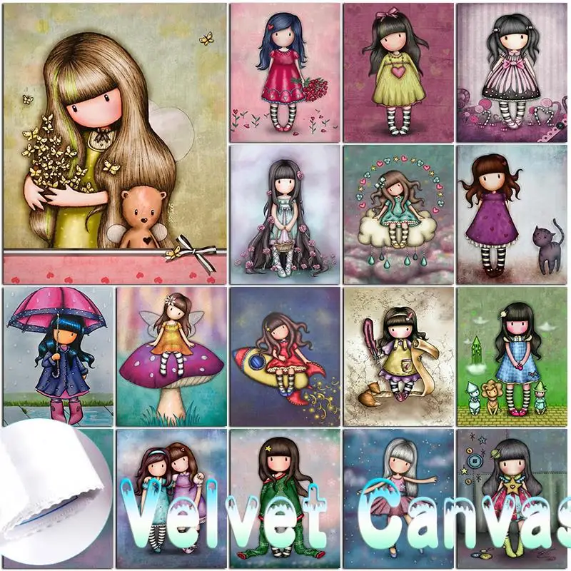 5D Velvet Canva Diamond Painting Cartoon Girls Diamont Embroidery Aniaml Doll DIY Full Round Mosaic Cross Stitch Kits Home Decor