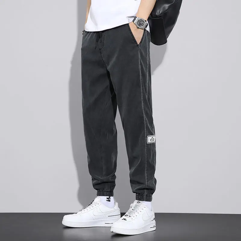 Pantalones pitillo de algodón con bolsillos y cintura elástica para hombre, pantalón de estilo fino, Color liso, informal, para primavera y verano, 2023