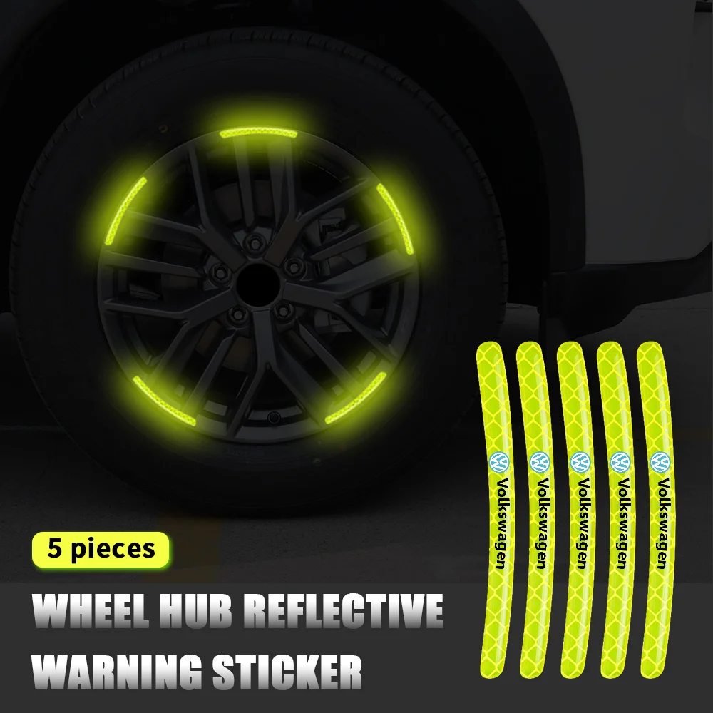 5pcs Car Tire Rim Sticker Auto Reflective Sticker Roadway Safety Luminous Stripe Wheel Hub Decoration For Volkswagen Polo Passat