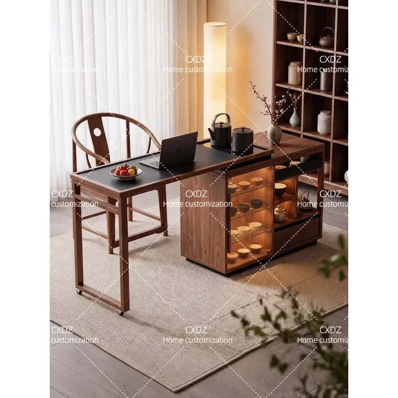Solid Wood Rotating Tea Cart Movable Tea Table for Small Apartment Balcony Household Use