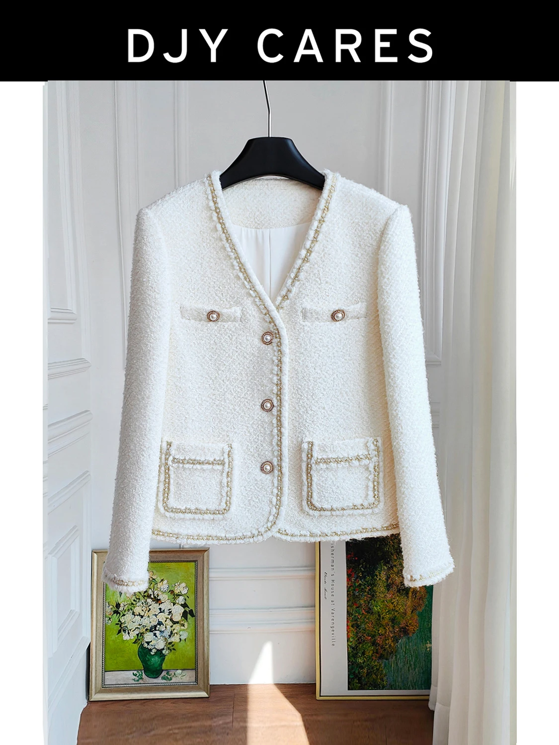 

New Bold tweed slimming V-neck jacket versatile white top big size