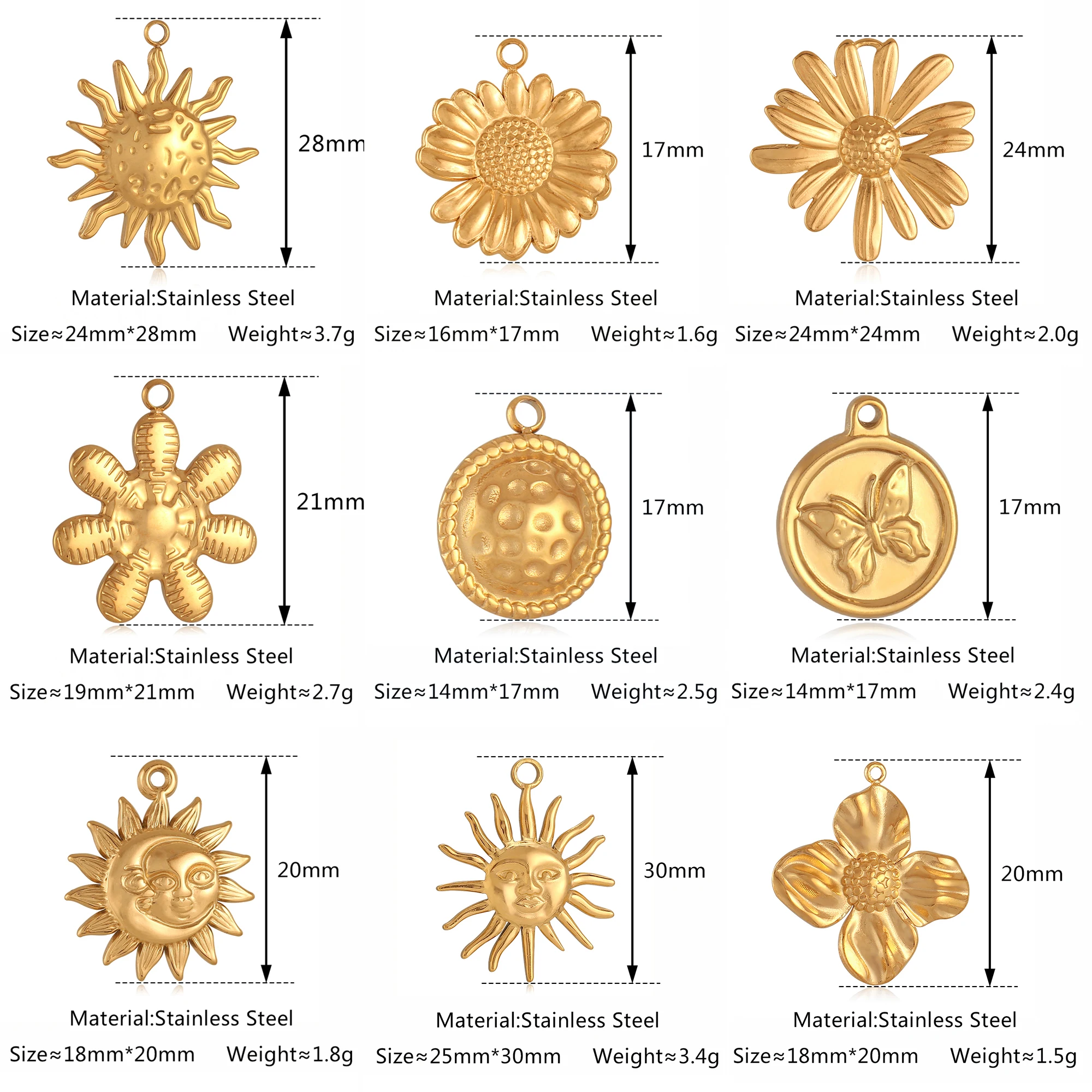 3Pcs Face Sun Moon/Sunflower/Butterfly Charm for Jewelry Making Stainless Steel Cast Charm DIY Bracelet Necklace Craft Accessory