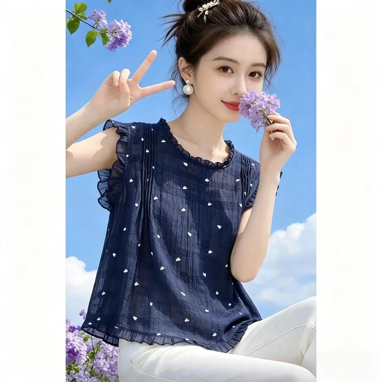 Summer Slimming Loose Fit Sleeveless Shirt Wooden  Design Breathable Thin Material plus Size Women's Casual Fashion Top