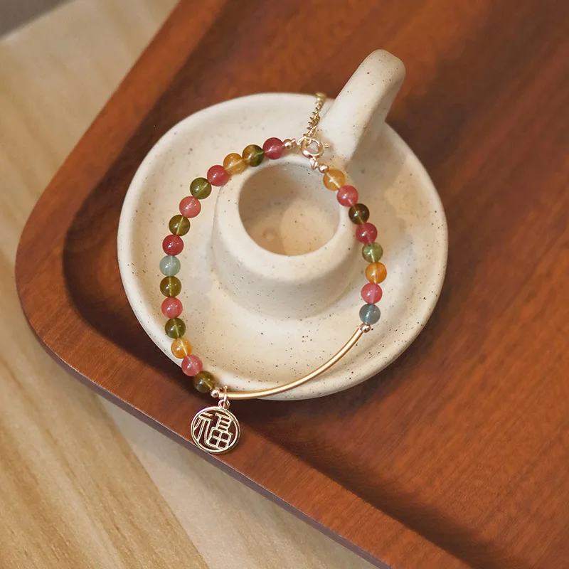 

Natural Brazilian Tourmaline Lucky Charm Adjustable Bracelet, Healing Energy Women