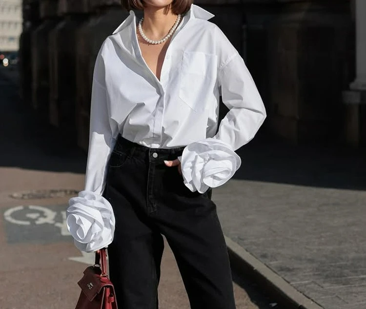 

Design Sense Splicing Flower Long Sleeve Women's Shirt Cotton Lapel Commuter White Shirt Versatile Cardigan Top
