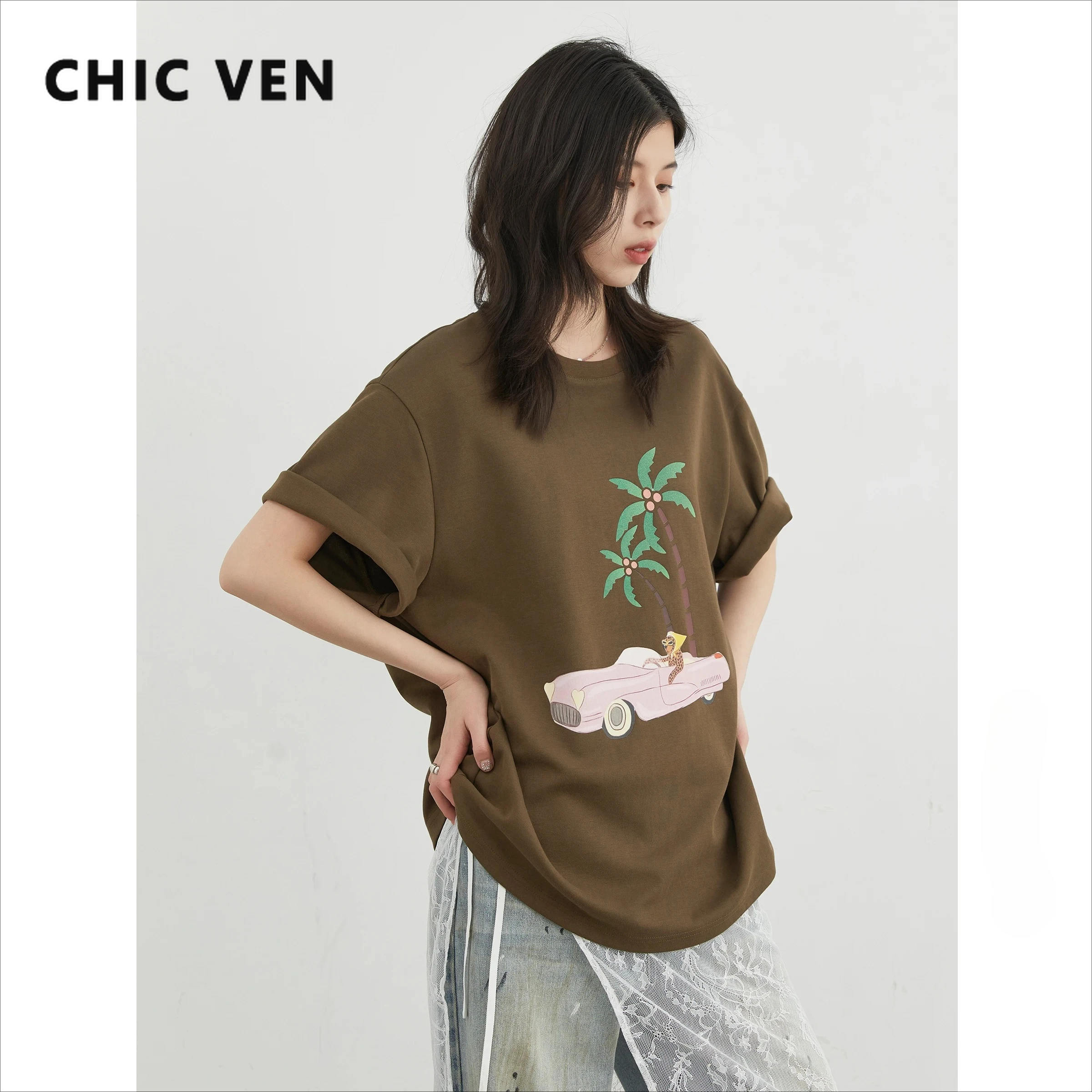 

CHIC VEN новые женские футболки, свободные повседневные новые футболки с круглым вырезом и короткими рукавами, женский топ с принтом в отпускном стиле, лето 2025