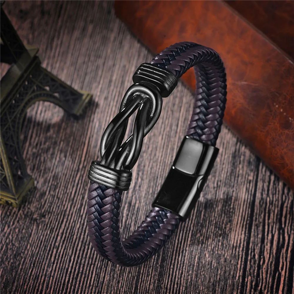 MKENDN Classic Infinity Bracelet for Men Brown Braided Leather Forever Linked Together Stainless Steel Jewelry Personalize Logo