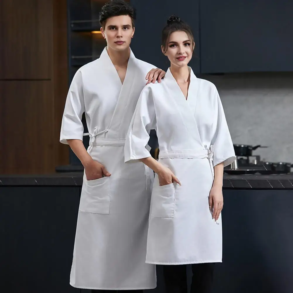 

Breathable Chef Jacket Chef Uniform Set with Apron Adjustable Waist Strap Unisex V-neck Crossover Style Jacket Professional