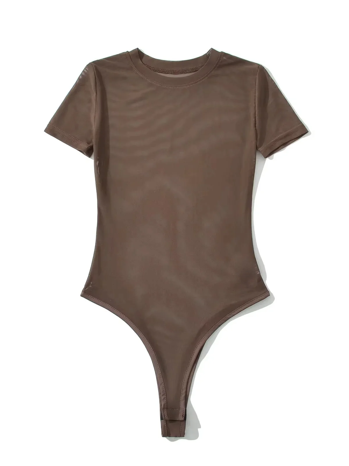 acão Sexy de Manga Curta Estilo Americano para Mulheres, Cseta Base Slimming de Decote Redondo em Malha Transparente