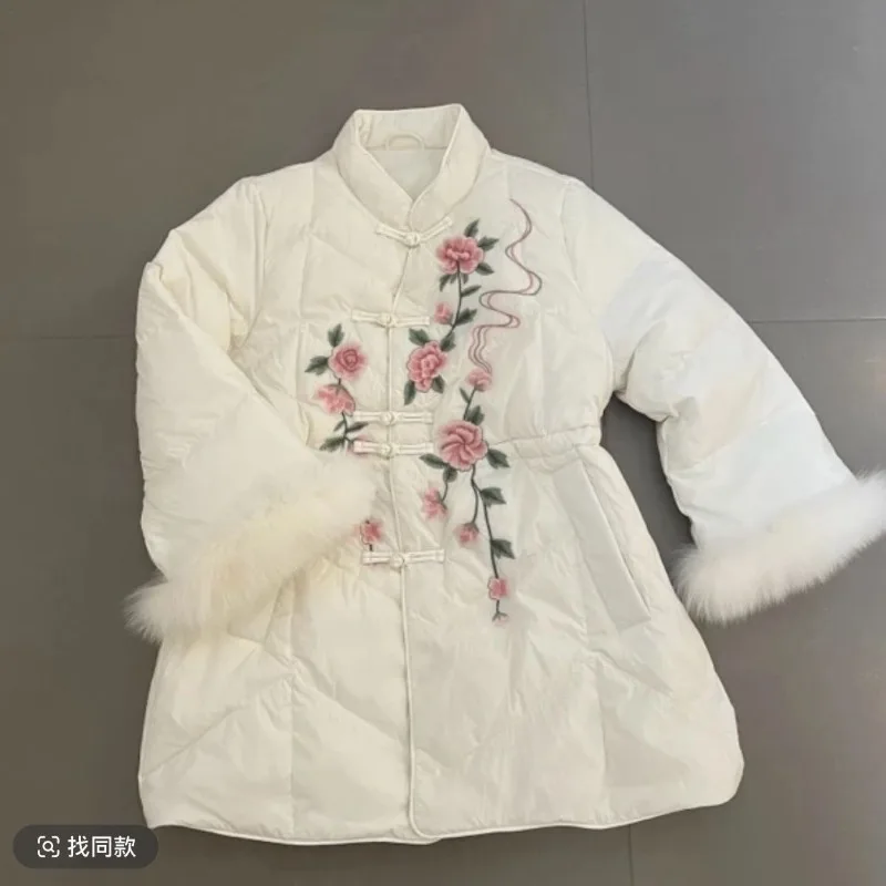 Nuovo stile nazionale cinese ricamo giacca calda piumino invernale anatra cotone lungo imitazione capelli di volpe splicing cappotto da donna di grandi dimensioni