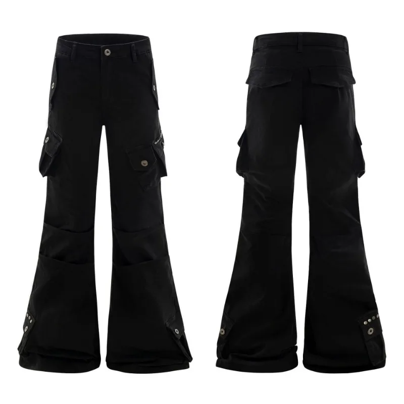 OR FL American Retro Y2k Micro 98 Cotton Women Cargo Trousers Double Layer Fold Design Sense Horn Wide Leg Pants Women's Slacks