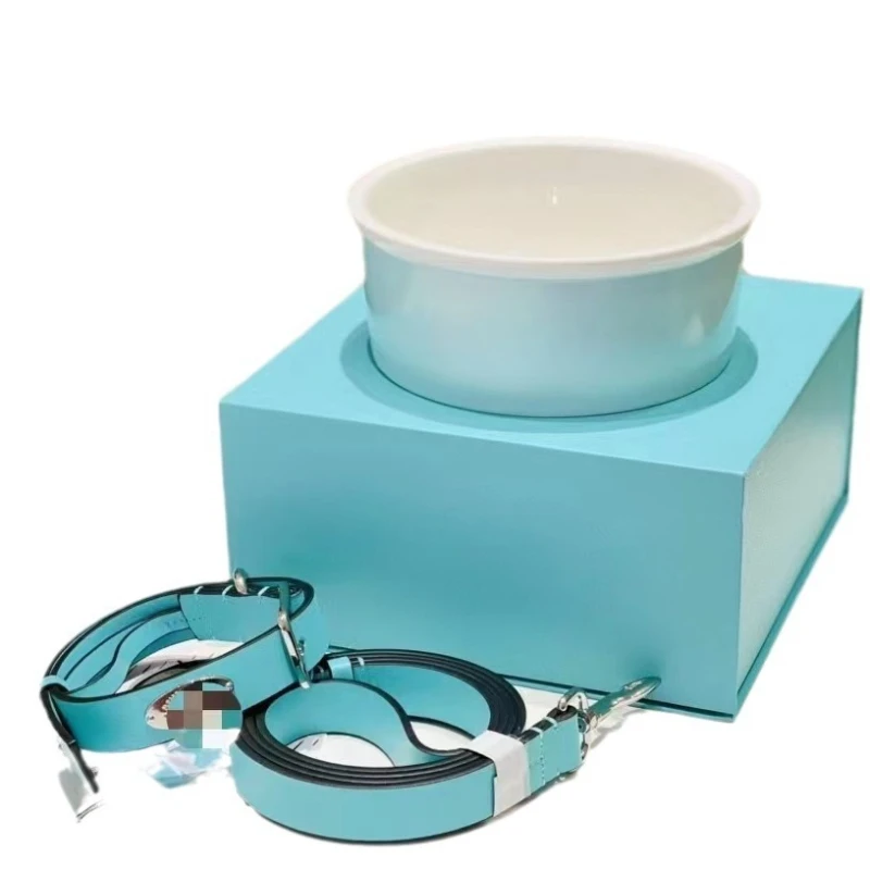 

Pet Three Piece Set Bone Porcelain Dog Bowl Cat Bowl Rice Bowl Includes 17.5CM Collar Traction Rope Gift Box