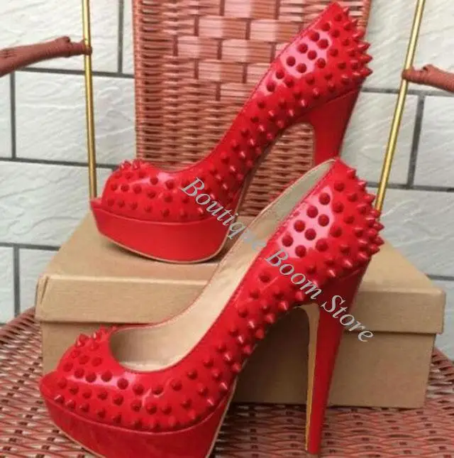 Gold 14cm Super high Heels Platform Pumps Female Rivets Studs Nude Black Patent Leather Peep-Toe Women Wedding Sandals Shoes